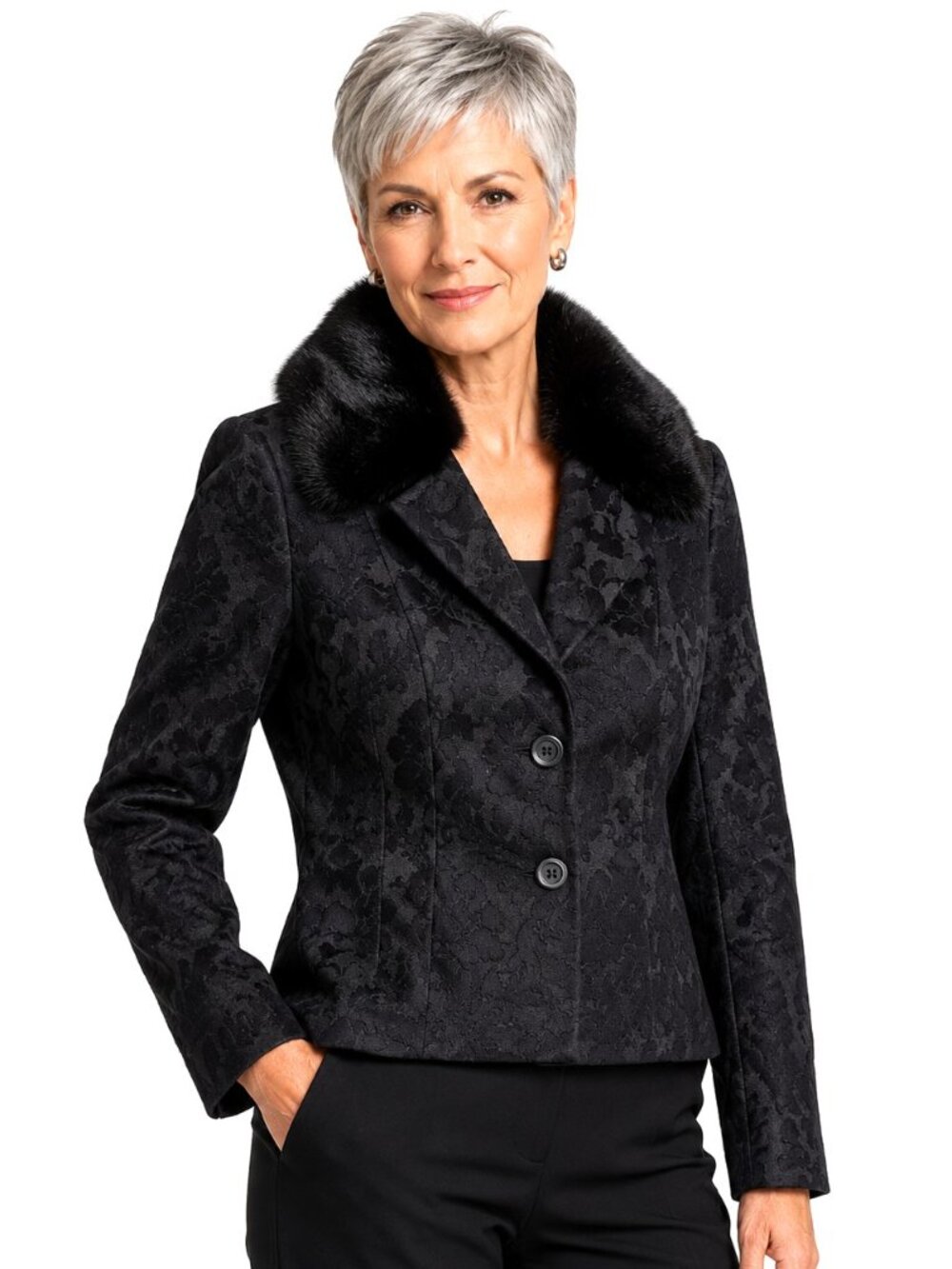 Monica Bianco Black Brocade Faux Fur Collar Made in Italy Blazer